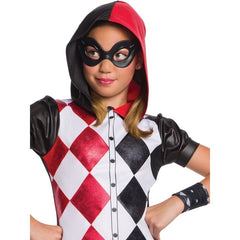 Harley Quinn Kids Hoodie Costume – hooded dress with checkerboard print bodice, leather-look sleeves, attached  skirt, printed belt with Velcro closure, one wrist cuff, and shaped eye mask with elastic strap.