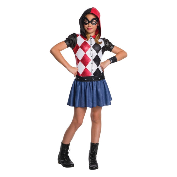Harley Quinn Kids Hoodie Costume – hooded dress with checkerboard print bodice, leather-look sleeves, attached  skirt, printed belt with Velcro closure, one wrist cuff, and shaped eye mask with elastic strap.