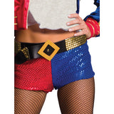 Close-up of Harley Quinn sequin shorts with gold belt detail from Suicide Squad costume