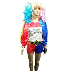 Harley Quinn Suicide Squad costume with satin jacket, shorts, wig, and accessories – hire in Brisbane

