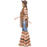 Harmony hippie costume ladies, flared pants with peace and flower sign, off the shoulder top and brown vest with long tassels.