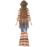 Harmony hippie costume ladies, flared pants with peace and flower sign, off the shoulder top and brown vest with long tassels.