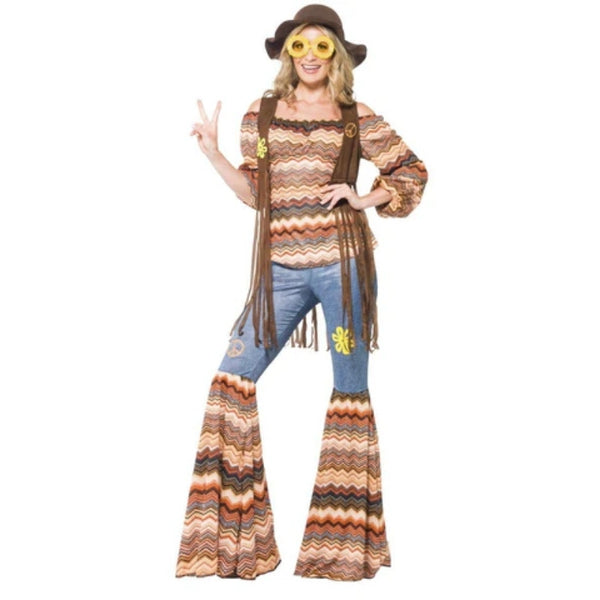 Ladies harmony hippie costume with flared pants, off-the-shoulder top, and waistcoat for 60’s and 70’s parties