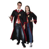 Adult Harry Potter costume with red-lined wizard robe displayed with man and woman