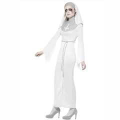 Haunted Asylum Nun Costume, long white dress with grey collar and headpiece.