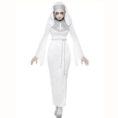 Haunted Asylum Nun Costume, long white dress with grey collar and headpiece.