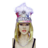 Heavenly Kingdom Festival Visor, pink visor with jewels, feathers and long silver chain chin strap.