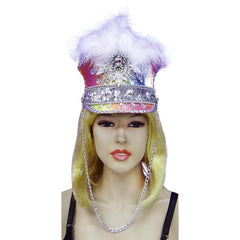 Heavenly Kingdom Festival Visor, pink visor with jewels, feathers and long silver chain chin strap.