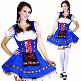 Heidi Dirndl Oktoberfest Costume, blue corset style dress with braid trim, separate petticoat and attached apron.