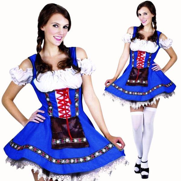 Heidi Dirndl Oktoberfest Costume, blue corset style dress with braid trim, separate petticoat and attached apron.