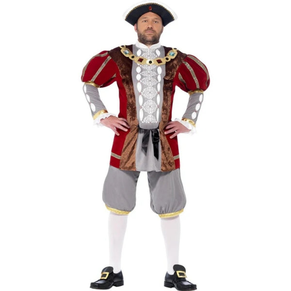Henry VIII costume with Tudor-style top and grey knickerbocker pants