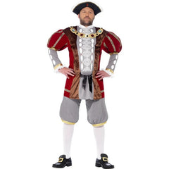 Henry VIII costume with Tudor-style top and grey knickerbocker pants
