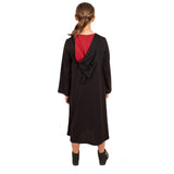 Back view of child Hermione Granger Hooded Robe with maroon lined hood.