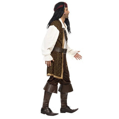 High Seas Pirate Mens Costume, long brown top with cream attached shirt, short brown trousers, baldric, belt and headscarf.
