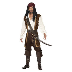 High Seas Pirate Mens Costume, long brown top with cream attached shirt, short brown trousers, baldric, belt and headscarf.
