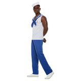 High Seas Sailor Costume, white sleeveless top with sailor collar and blue pants plus gob hat.

