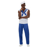 High Seas Sailor Costume, white sleeveless top with sailor collar and blue pants plus gob hat., mens