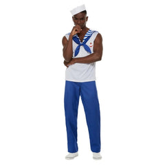 High Seas Sailor Costume, white sleeveless top with sailor collar and blue pants plus gob hat., mens