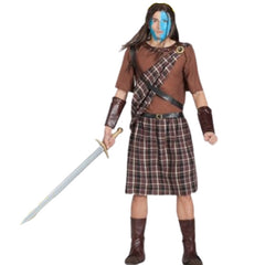 Highlander male costume with shirt, tartan sash, brown check kilt, belt, armbands, and boot covers