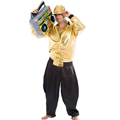 Adult Hip Hop Guy Costume featuring a metallic gold jacket and matching cap inspired by classic rap fashion.