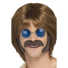 Brown hippie disguise set with moustache and sideburns