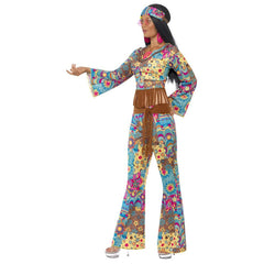 Hippy Flower Power Adult Costume, Multi-Coloured, midriff top with fringing, flared trousers, headband.