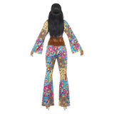 Hippy Flower Power Adult Costume, Multi-Coloured, midriff top with fringing, flared trousers, headband.