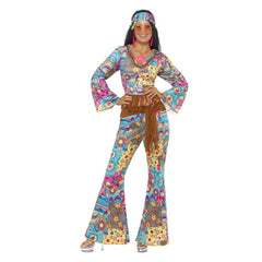Hippy Flower Power Adult Costume, Multi-Coloured, midriff top with fringing, flared trousers, headband.