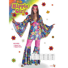 Hippie Girl Costume, colourful floral long top with bell sleeves, pink flares with floral flare. Top is princess line.