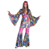 Hippie Girl Costume, colourful floral long top with bell sleeves, pink flares with floral flare. Top is princess line.
