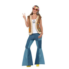 Hippie waistcoat unisex with 60's prints and fur trim.