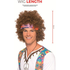 Brown hippy afro wig with headscarf and peace pendant, perfect for 60s, 70s, and 80s retro costumes