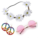 Hippy Kit – pink Lennon glasses, daisy hairband, and rainbow peace earrings for 1960s retro costumes.