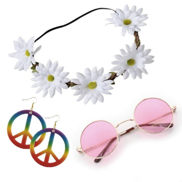 Hippy Kit – pink Lennon glasses, daisy hairband, and rainbow peace earrings for 1960s retro costumes.