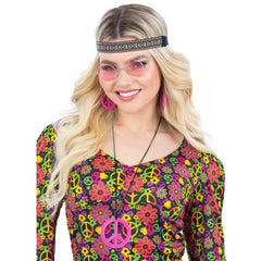 Pink hippy kit with headband, peace pendant, earrings, and Lennon glasses – 1960s costume accessories