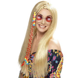 Blonde hippy party wig with braids, ribbon, and beads for 1960s and 70s costumes

