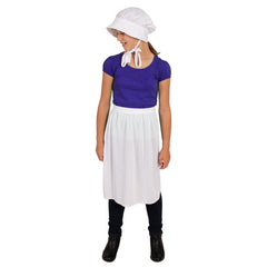 Child’s white colonial-style bonnet and apron set for historical costumes