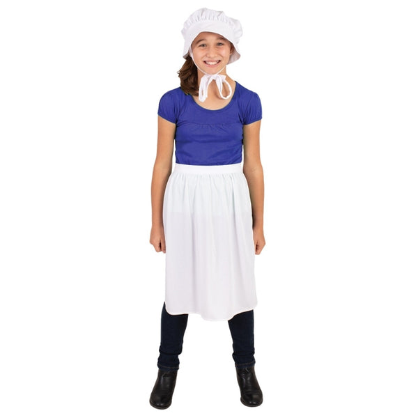 Child’s white colonial-style bonnet and apron set for historical costumes