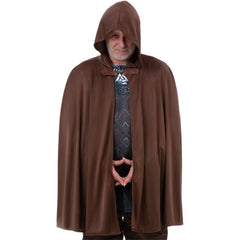 Brown mid-length historical cape with hood for medieval, renaissance, or fantasy costumes