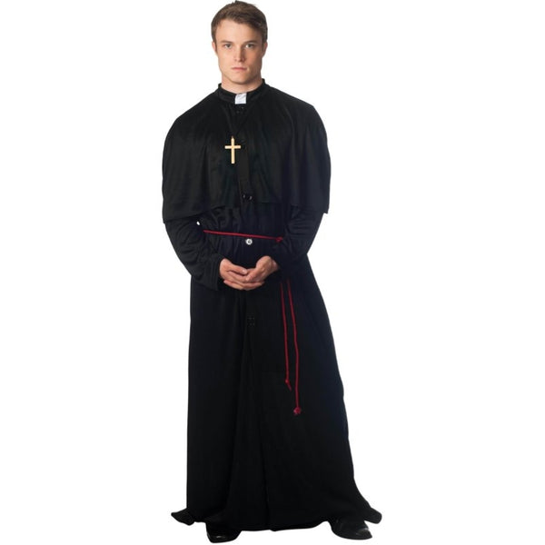 Holy-er Than Thou Priest Adult Costume, black robe, red belt, and cross necklace.
