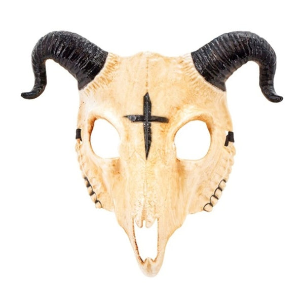 Horned Ram Skull Mask with Curved Black Horns – Front View