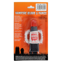 Halloween horror set featuring a tube of fake blood and a pair of classic vampire fangs, perfect for completing a spooky vampire or horror costume look.