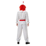 Rear view of horror clown costume showing clown hat, white costume and waist sash
