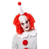 Close-up of horror clown costume showing red wig, clown makeup and pom pom details