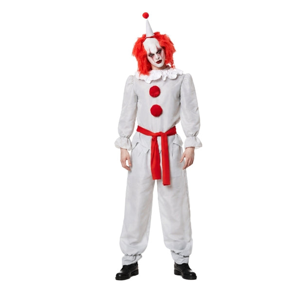 Adult wearing horror clown costume with white outfit, red pom poms and clown hat