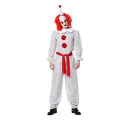 Adult wearing horror clown costume with white outfit, red pom poms and clown hat