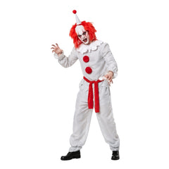 Adult wearing horror clown costume with white outfit, red pom poms and clown hat
