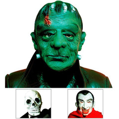 Horror mask assortment with Frankenstein, skeleton, and vampire designs. Adult latex Halloween masks.