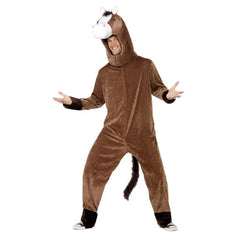 horse costume, brown jumpsuit with dark brown cuffs and hemline for feet, attached fur tail and seperate headpiece with horse face on top.