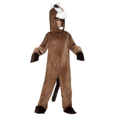 horse costume, brown jumpsuit with dark brown cuffs and hemline for feet, attached fur tail and seperate headpiece with horse face on top.